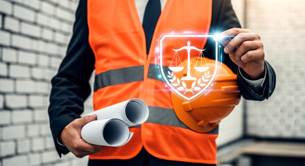 Construction worker holding blueprints and hardhat with justice scale hologram overlayed on top