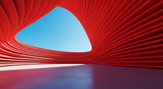 Modern architectural interior featuring vibrant red curves and blue sky, showcasing innovative design