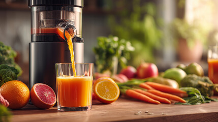 Healthy Juice Extraction: Witness the vibrant extraction of fresh juice from an array of colorful fruits and vegetables. A refreshing visual that embodies health, wellness, and the goodness of nature.