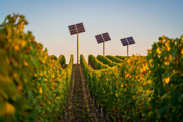 Solar panels in a vineyard. Solar panels power a vineyard, an example of agrivoltaics combining renewable energy with traditional agriculture and winemaking.