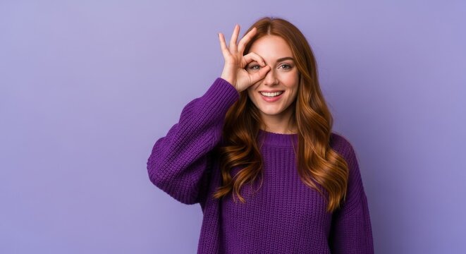 Young woman in a purple sweater playfully making an 'OK' gesture with her hand against a pastel background