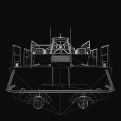 A military boat is illustrated in black and white wireframe style on a dark background. The detailed drawing highlights the hull, deck, and structural features with precision.