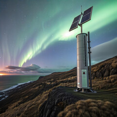 Solar power station at night. A remote solar-powered battery or communication station under the aurora borealis. Sustainable off-grid energy.