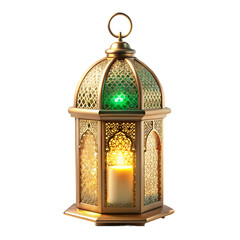 Ornate Golden Lantern with Emerald Glass and Candlelight