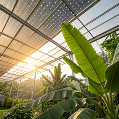 Tropical solar greenhouse. Lush, tropical plants like banana trees thrive under a modern solar panel roof in a sunlit conservatory, blending nature and technology.