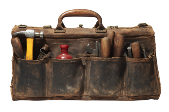 Vintage leather tool bag overflowing with tools.