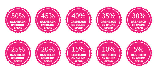 Gold cashback percentage badge set for online offers and discount in black, pink, red and blue colour with white background. Premium discount vector design. icon.