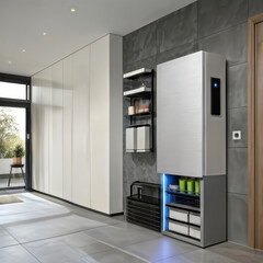 Integrated home battery. A sleek energy storage appliance seamlessly integrated into the design of a modern, minimalist home interior.