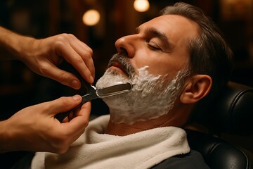 Barber gently shaving elderly man with straight razor, applying thick shaving foam in classic barbershop for timeless grooming experience, beauty salon hair cutting background