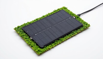 a high resolution, ultra sharp isolated flexible solar charger made from micro algae sheet, placed on a pure white background with no shadow or minimal soft shadows only