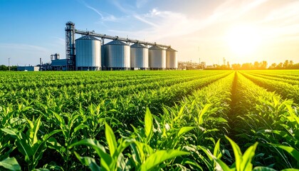 Agricultural silos and a vibrant cornfield at sunset
