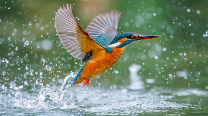 Common Kingfisher Taking Flight From Water Surface in Vivid Detail with Sharp Focus and Beautiful Bokeh