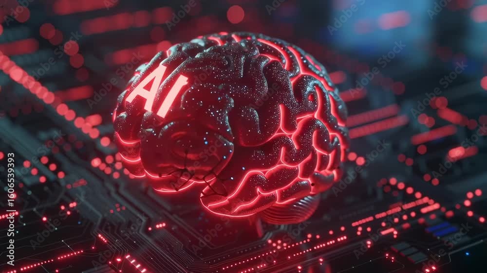 Wall mural a brain with the letters ai on it. the brain is surrounded by a red background. concept of technolog