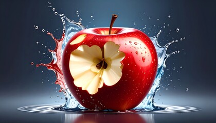 A red apple with a bite taken out, surrounded by water splashes
