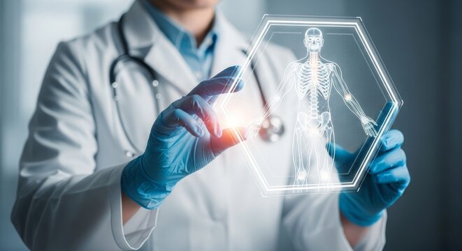 Medical professional in a lab coat using holographic technology to display a human skeleton model - Powered by Adobe