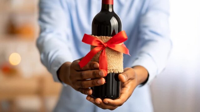 Person holding a bottle of wine wrapped in a red ribbon