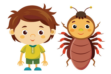 Cheerful Cartoon Boy and Smiling Beetle Illustration for Children's Educational Materials or Whimsical Design Projects Featuring Friendly Characters