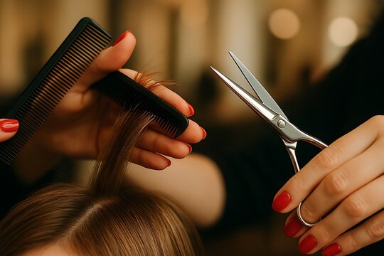 Close up of hairstylist cutting hair with scissors and comb, showing professional precision and elegance in a modern salon environment