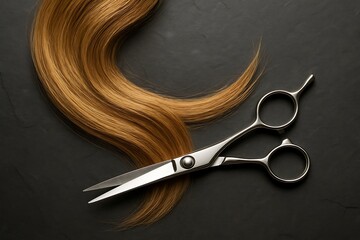 Golden hair lock resting next to shiny scissors on a dark stone backdrop, emphasizing professional hair styling tools and precision