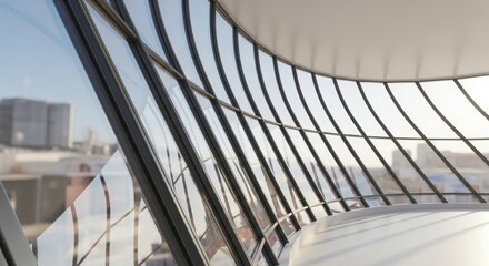 Modern architectural design featuring curved glass windows reflecting a vibrant cityscape