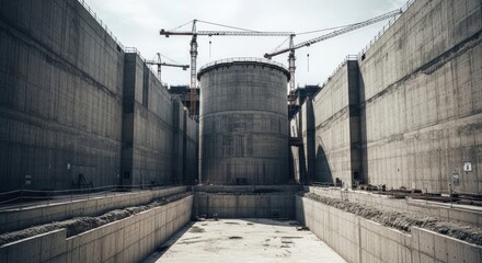Massive concrete structures under construction, canal or lock system