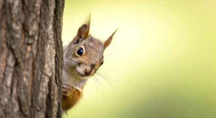 curious red squirrel peeking from behind a tree