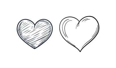 Two hand drawn hearts one filled with hatching and one outline