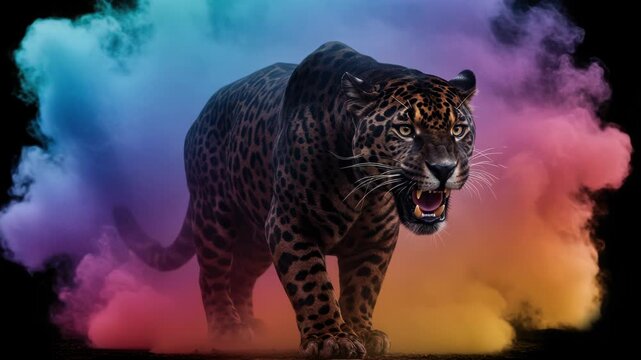 Majestic jaguar walking through vibrant colorful smoke against a stark black background