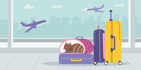 Traveling with pets concept. Airport luggage and cat in carrier. Vector flat banner.