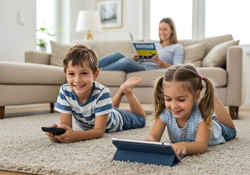 Family Enjoying Leisure Time at Home Reading, Relaxing, and Using Technology