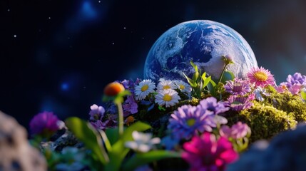 Obraz premium Earth nestled in a flower-covered moon, symbolic balance between cosmic and natural beauty