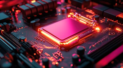 Fototapeta premium Close-up of glowing computer motherboard