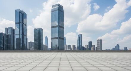 Fototapeta premium Modern skyline featuring tall glass buildings under a bright blue sky with scattered clouds