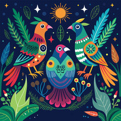Seamless vector pattern with birds, flowers, and leaves, a decorative summer nature illustration
