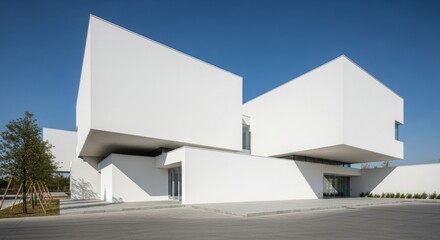 Modern architectural design featuring geometric white structures against a clear blue sky