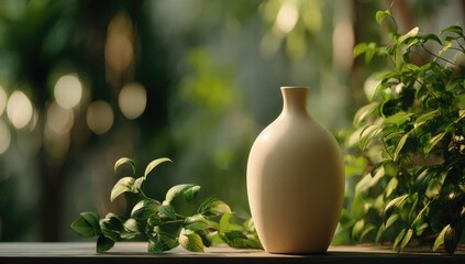 Soft light illuminates a cream vase, nestled amongst vibrant green foliage, creating a serene, natural scene