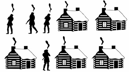 Illustration depicting silhouettes of men and log cabins with smoke emanating from chimneys in a pattern
