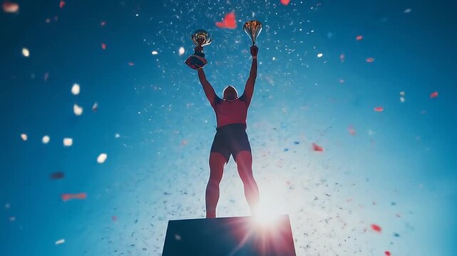 Champion stands atop platform, raising two trophies in celebratory confetti storm