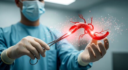 Surgeon holding surgical instrument performing operation on a red artery with digital effects