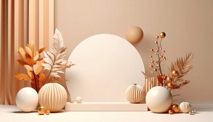 Elegant minimalist display with natural elements and neutral tones in a contemporary studio setting