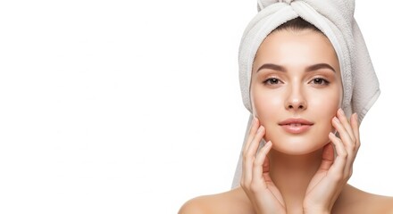 Young woman with a towel on her head showcasing a fresh face, posing against a clean white background
