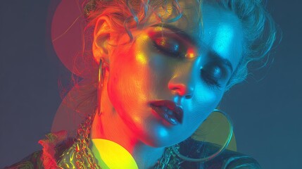 Pop heritage flashback icon remix art, heritage flashback remix, heritage flashback collage Stylish woman with vibrant neon colors.