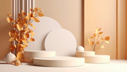 Decorative arrangement of neutral shapes and autumn foliage in a modern interior setting minimalist design focus soft lighting