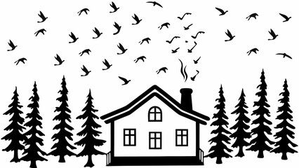 Silhouette of a house with smoke coming from the chimney surrounded by trees and flying birds in the sky
