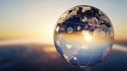 Digital Earth Globe with Global Network Icons at Sunset, Representing Technology, Communication, and Sustainability. - Powered by Adobe
