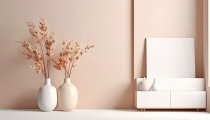 Stylish home decor arrangement with dried flowers minimalist interior modern space soft colors aesthetic viewpoint