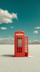 Pop heritage flashback icon remix art, heritage flashback remix, heritage flashback collage A vibrant red phone booth in an empty landscape.