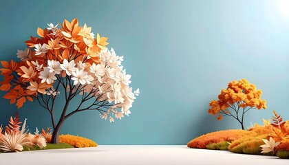 Vibrant autumn trees and foliage minimalistic indoor setting digital art modern aesthetic tranquil viewpoint nature concept