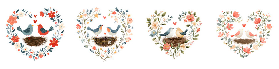 Fototapeta premium Watercolor Birds in Nests Floral Heart Wreaths for Valentine's Day