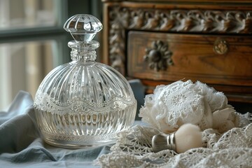 A delicate crystal perfume bottle with a silver stopper, placed next to an antique lace handkerchief and an old-fashioned powder puff 